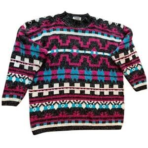 Vintage Arielle 80's Pattern Fuzzy Pink and Blue Size L? Crew Neck Sweater